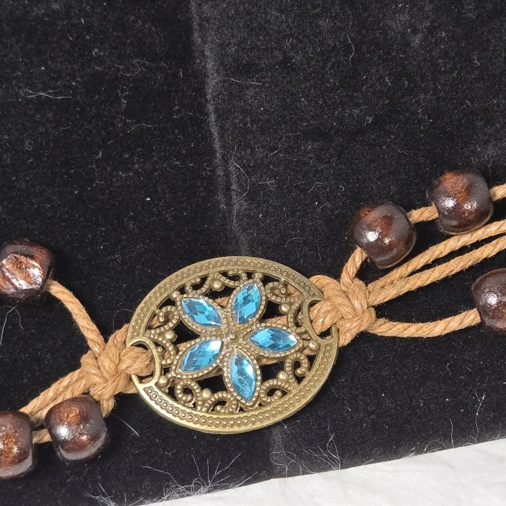 Boho Rope Belt Teal Rhinestone Bronze Floral Medallion Beaded Tie Waist 67